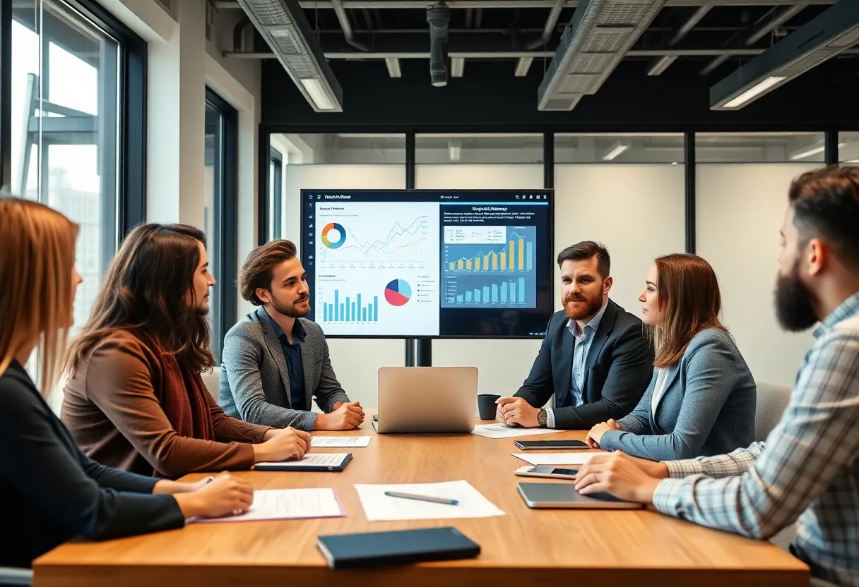 Diverse team at Chatter Buzz collaborating on digital marketing strategies.