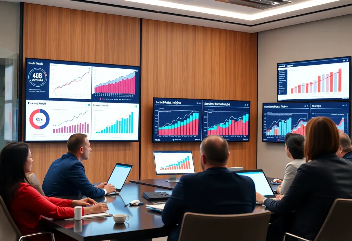 Executives analyzing social media data in a meeting