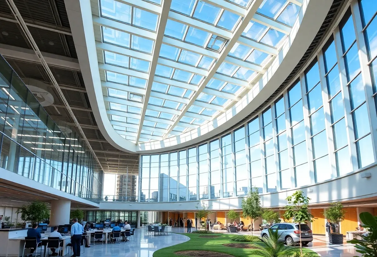 Ford's renovated headquarters in Dearborn, showcasing modern architecture and green spaces.