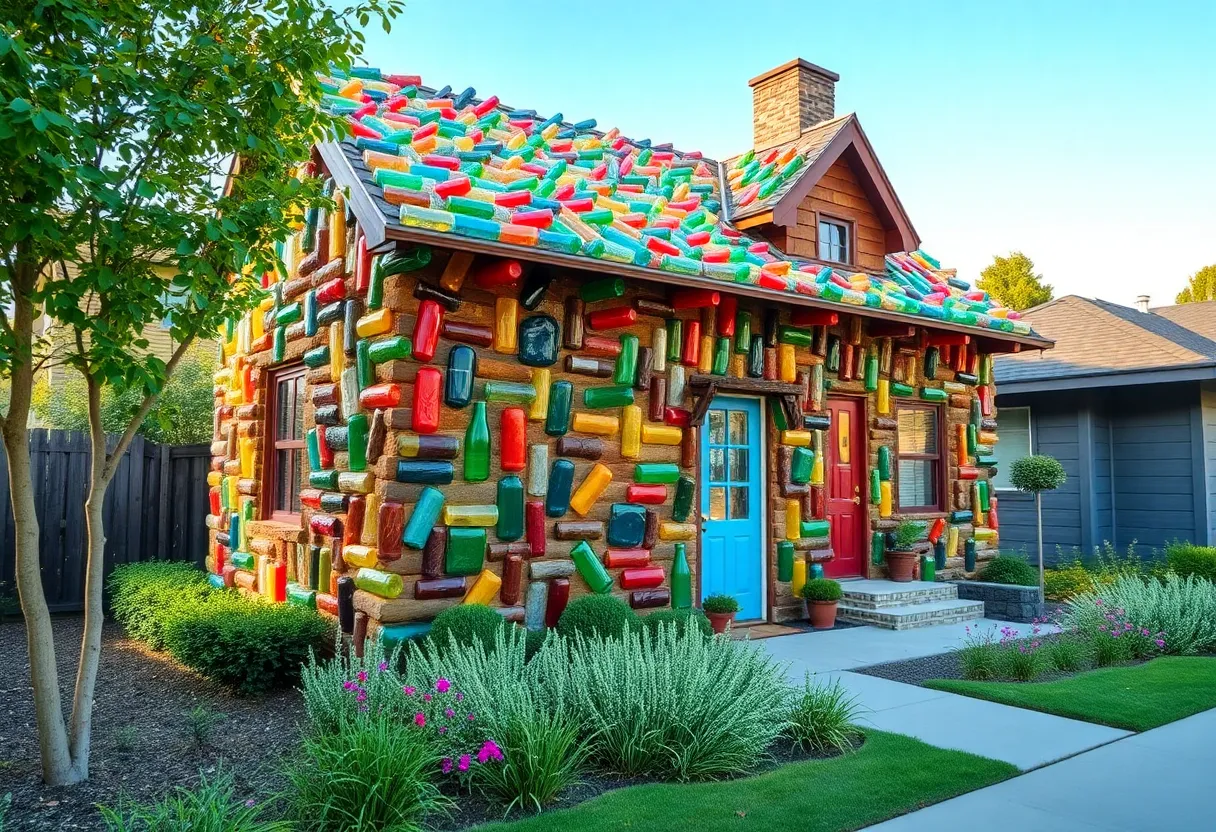The iconic bottle house in Hazel Park decorated with antique glass bottles.