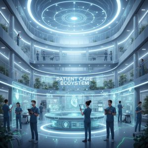 Futuristic healthcare setting with digital technologies