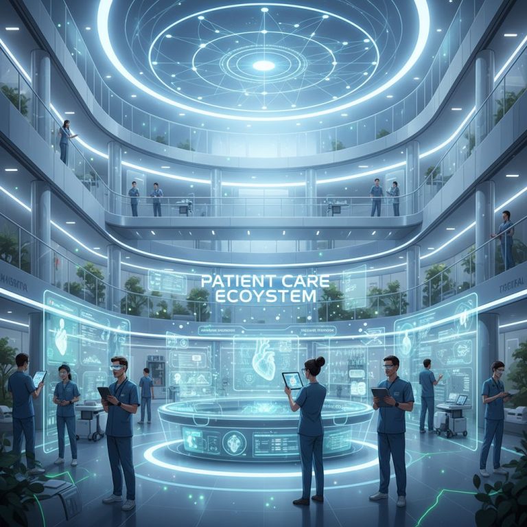 Futuristic healthcare setting with digital technologies