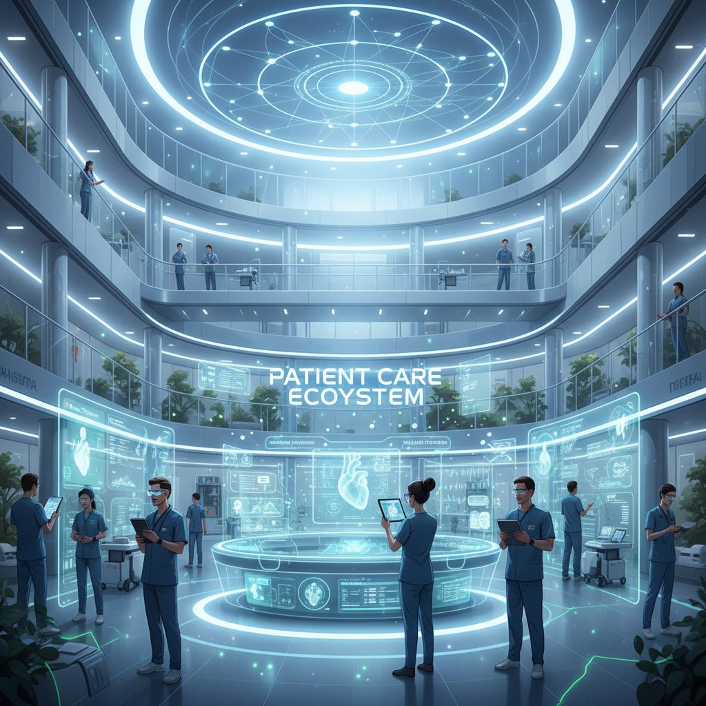 Futuristic healthcare setting with digital technologies