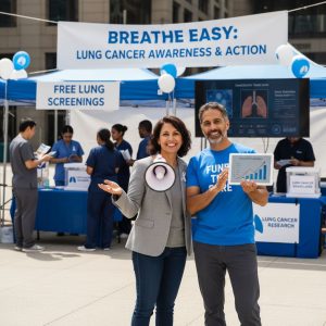 Couple discussing lung cancer awareness in a medical setting