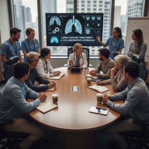 Healthcare professionals discussing lung cancer treatment options