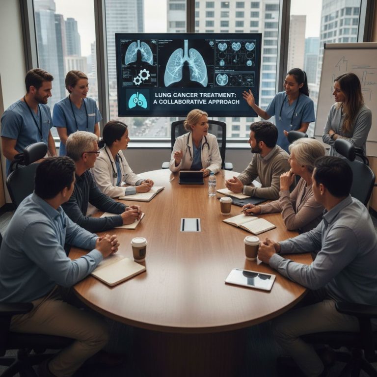 Healthcare professionals discussing lung cancer treatment options