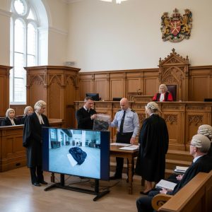 Courtroom scene depicting the Summary Case Management initiative in action