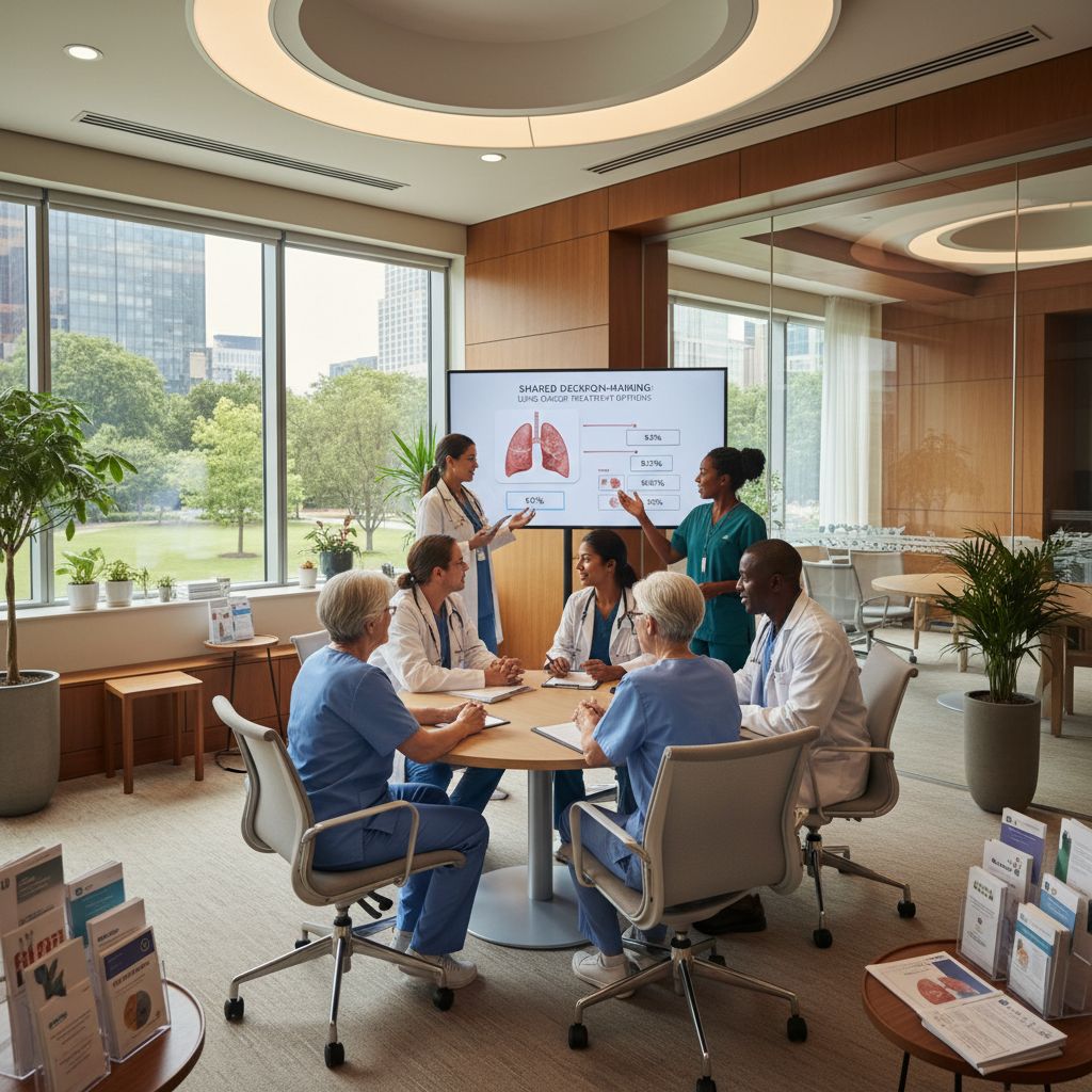 Healthcare professionals discussing treatment options with lung cancer patients.