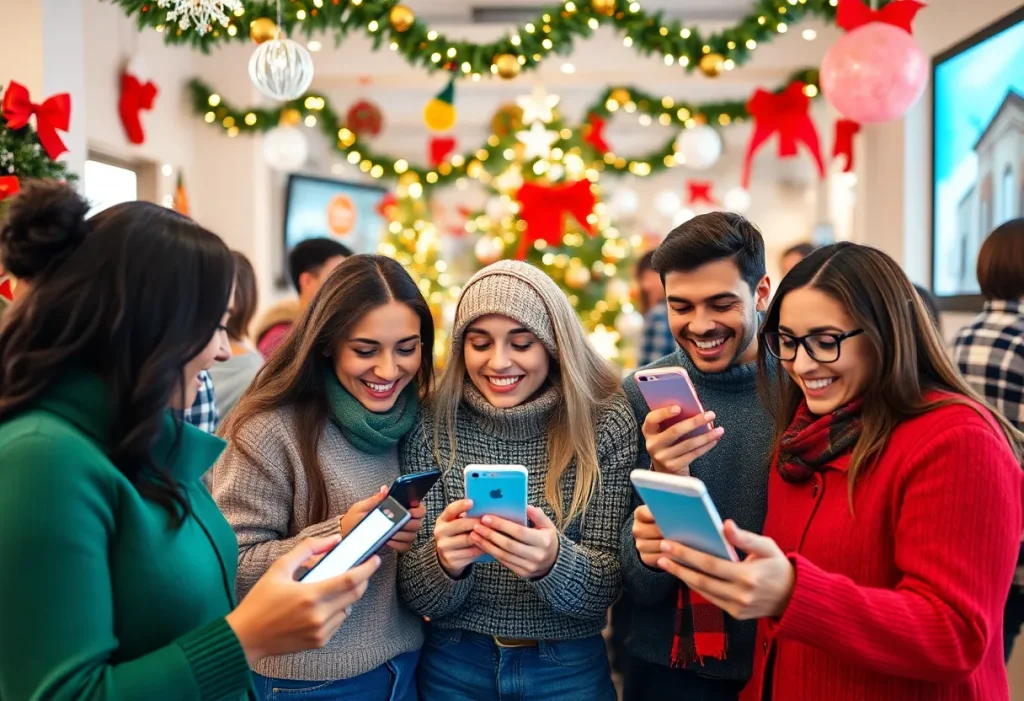 Engaged consumers participating in social media marketing activities during the holiday season.