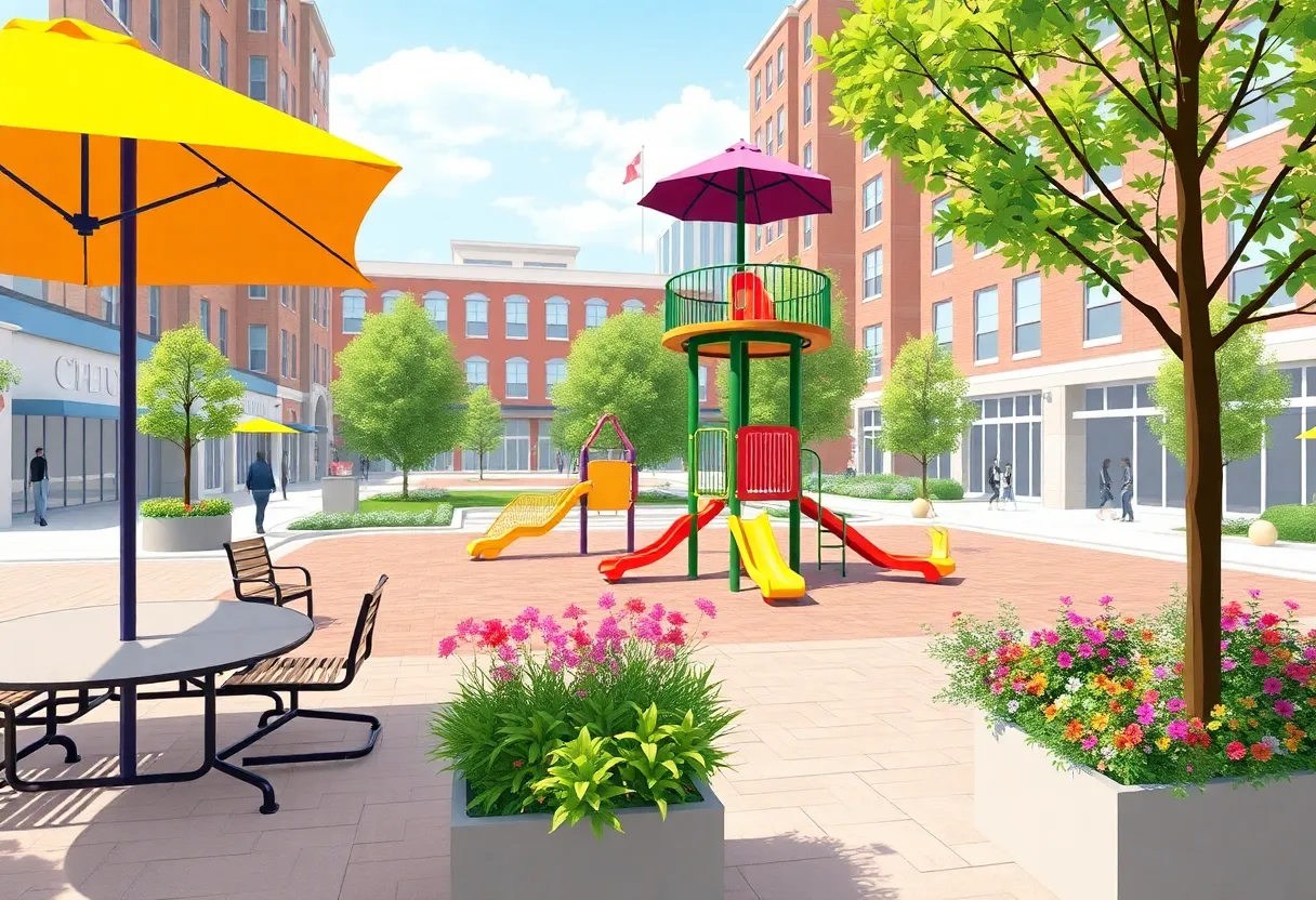 A vibrant and renovated Spirit Plaza with seating, a stage, and playground