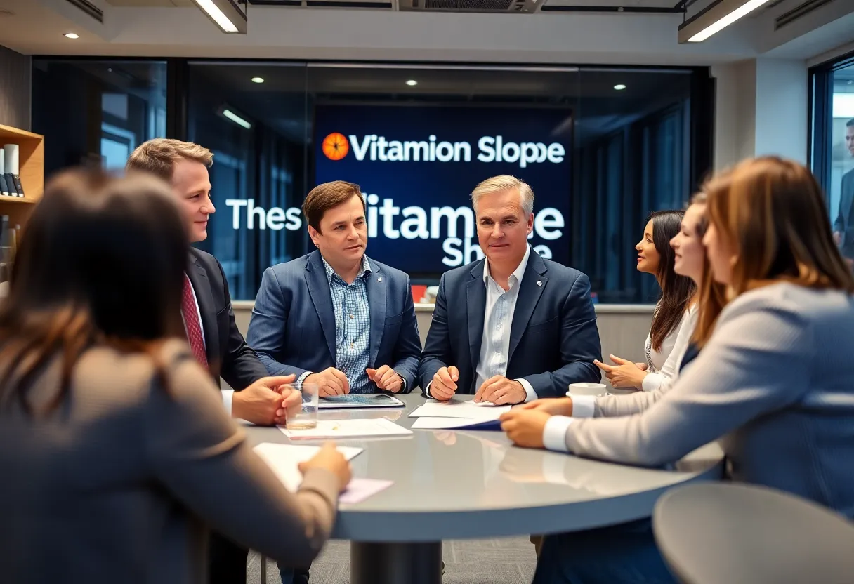 The leadership team of The Vitamin Shoppe discussing business strategies