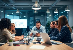 Startup team discussing aggressive marketing approaches in modern office