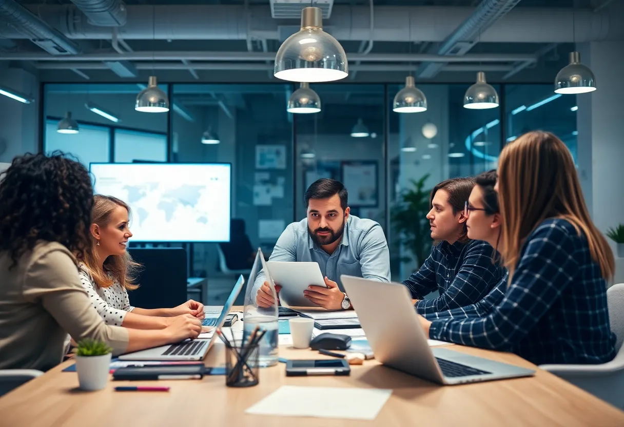 Startup team discussing aggressive marketing approaches in modern office