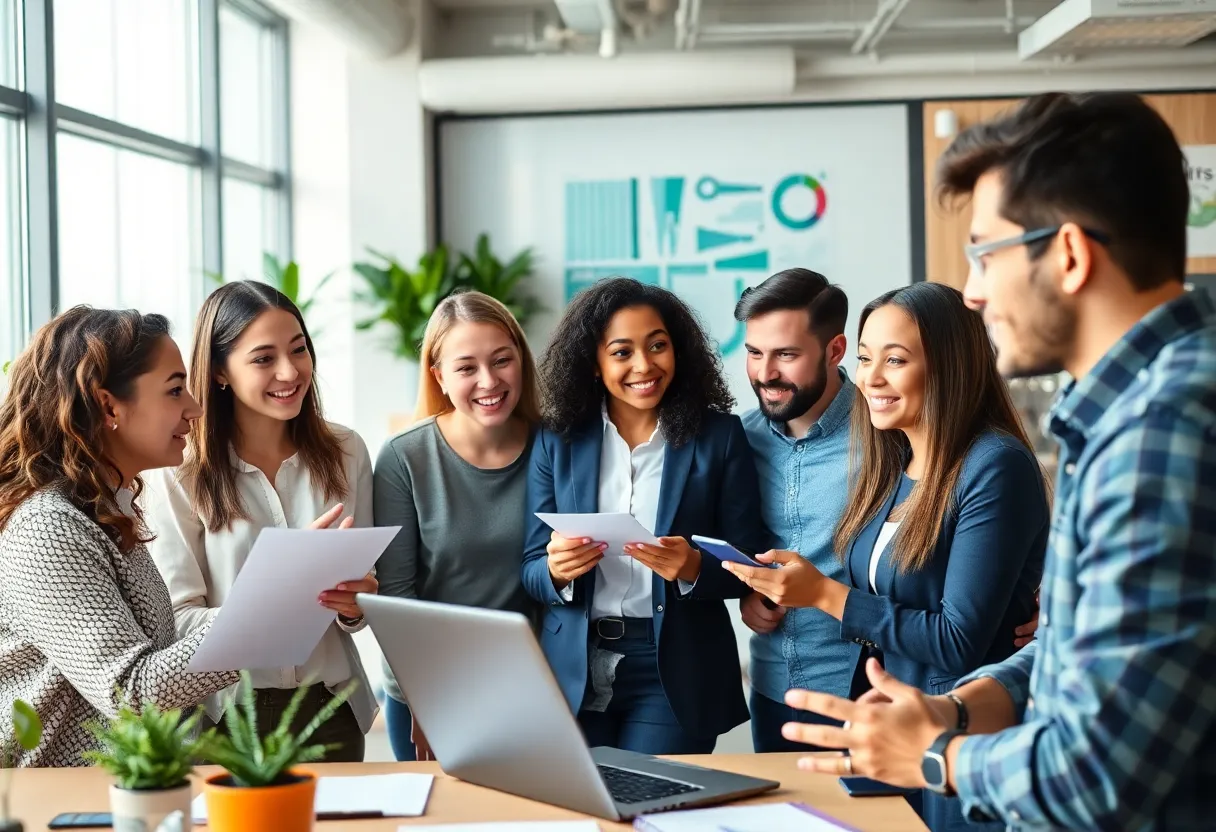 Group of young marketing leaders engaged in discussion about future trends.