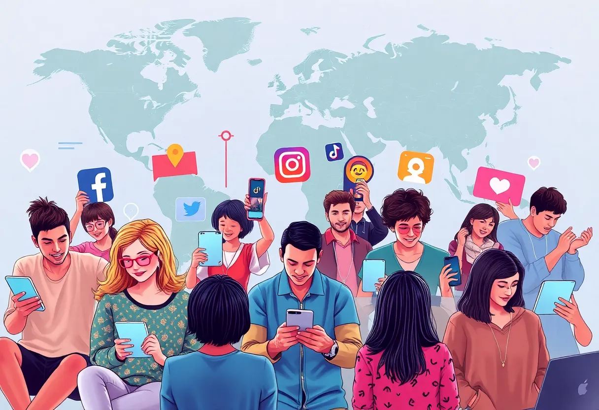 Diverse users engaging on social media platforms worldwide