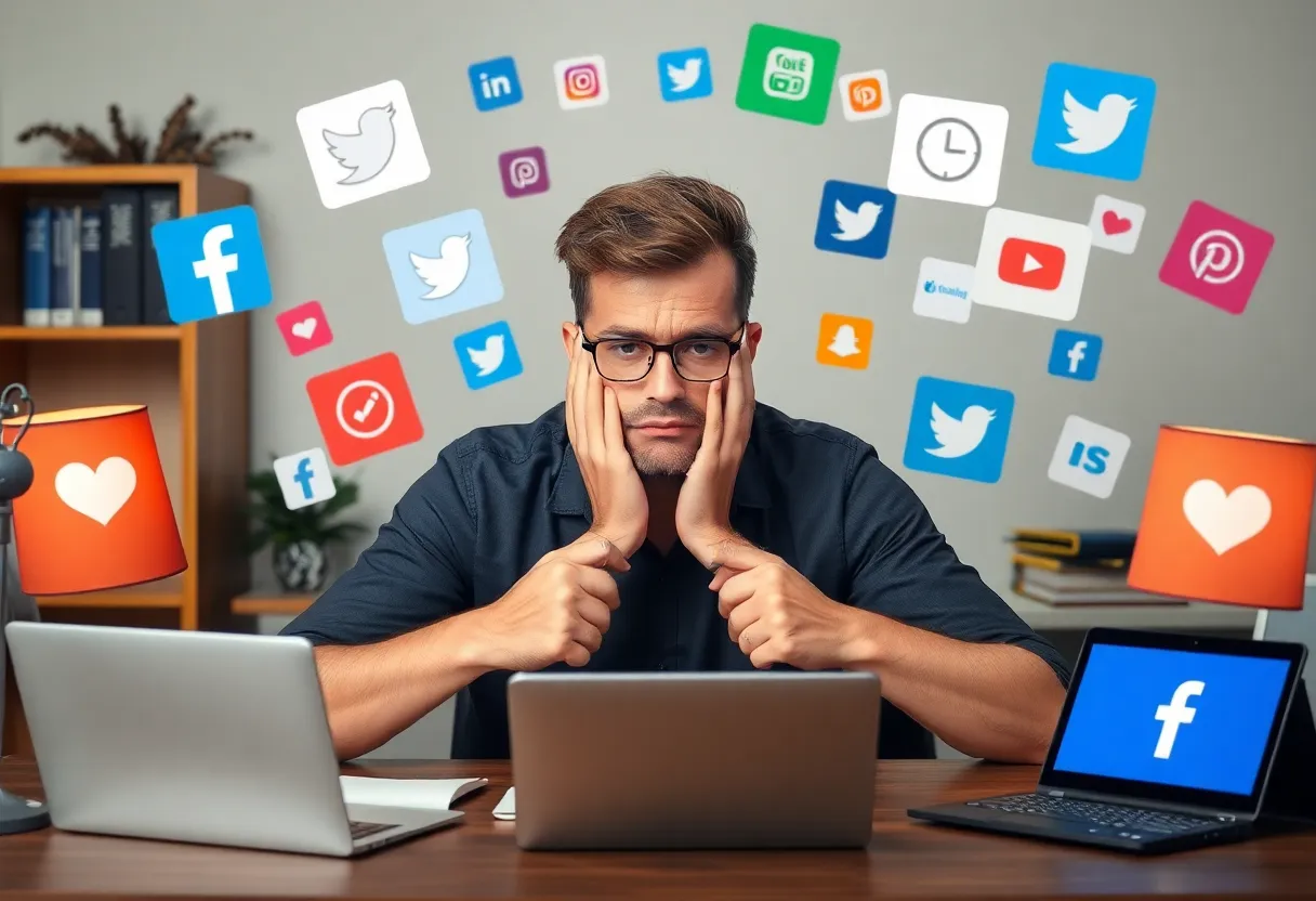 A marketer experiencing burnout from social media pressures.