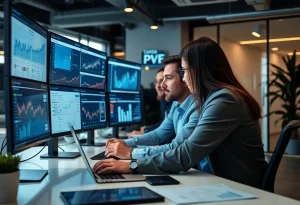 Professionals working on social media marketing in a modern office