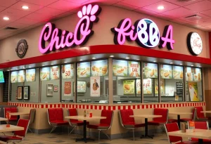 Chick-fil-A restaurant celebrating its 80th anniversary with nostalgic decorations.