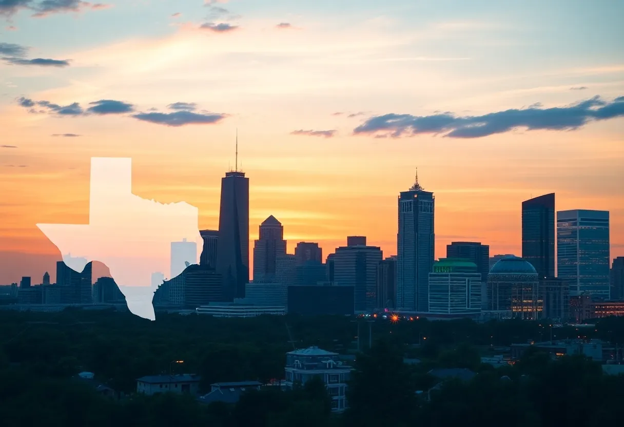 Digital marketing concept for healthcare in Texas with Houston and Dallas imagery.