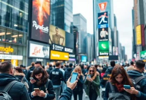 Cityscape with individuals engaged with mobile devices, highlighting mobile marketing trends.
