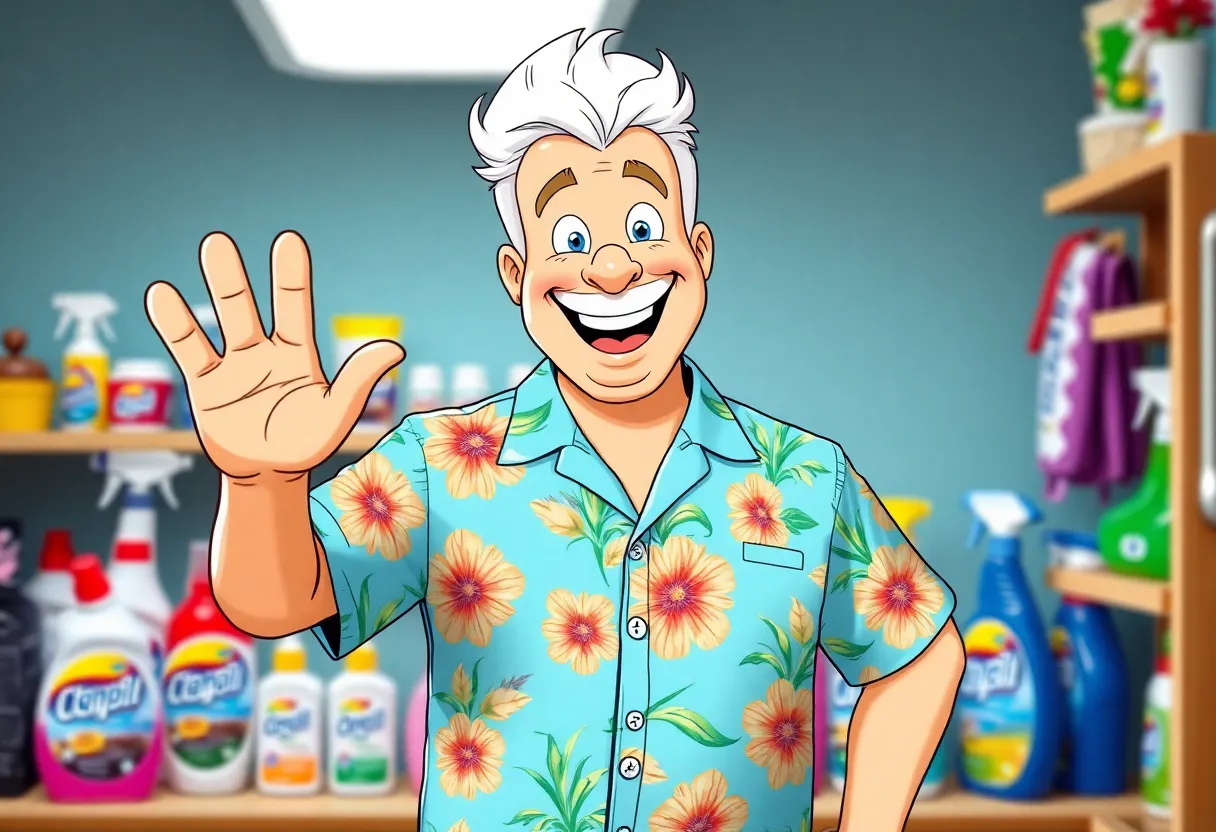 Mr. Clean waving goodbye in a Hawaiian shirt