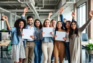 Diverse young marketers celebrating their success in brand marketing.
