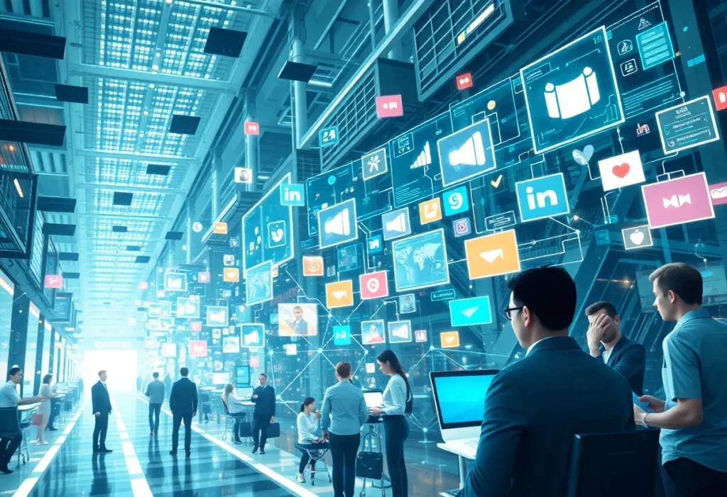 Futuristic social media marketing landscape with digital interactions.