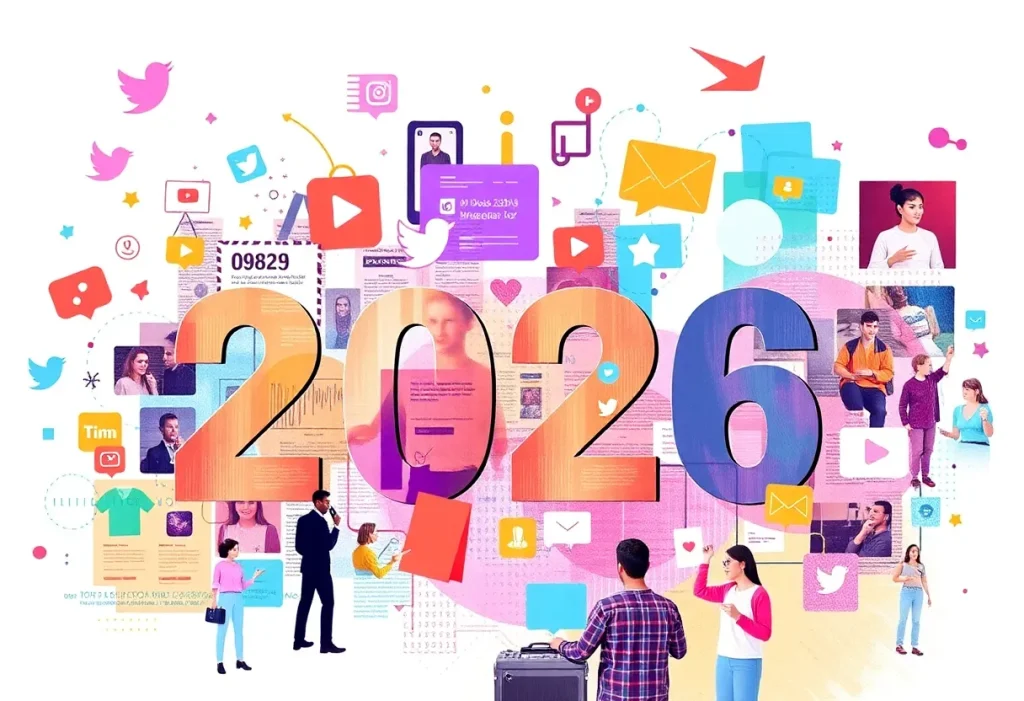 A collage of social media marketing trends for 2026 including video content, social commerce, and influencers.