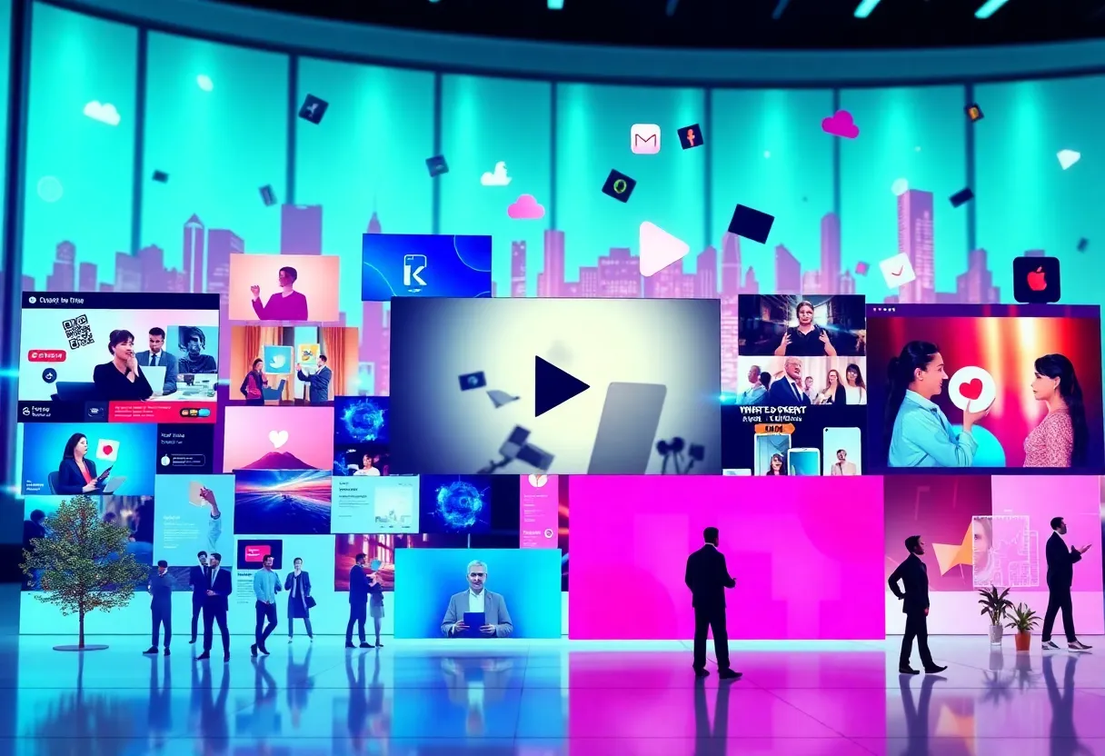 A creative representation of social media marketing trends in 2026 including AI and short-form videos.