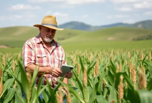 A farmer inspecting corn plants in South America.