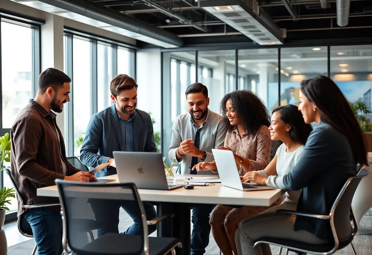 Diverse digital marketing team collaborating in an office
