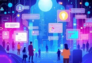 Futuristic digital landscape of AI search interactions with chatbots.