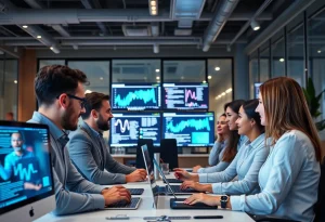 Marketing professionals discussing AI tools in a modern office