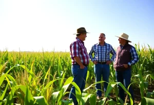 Farmers discussing corn marketing strategies in a cornfield