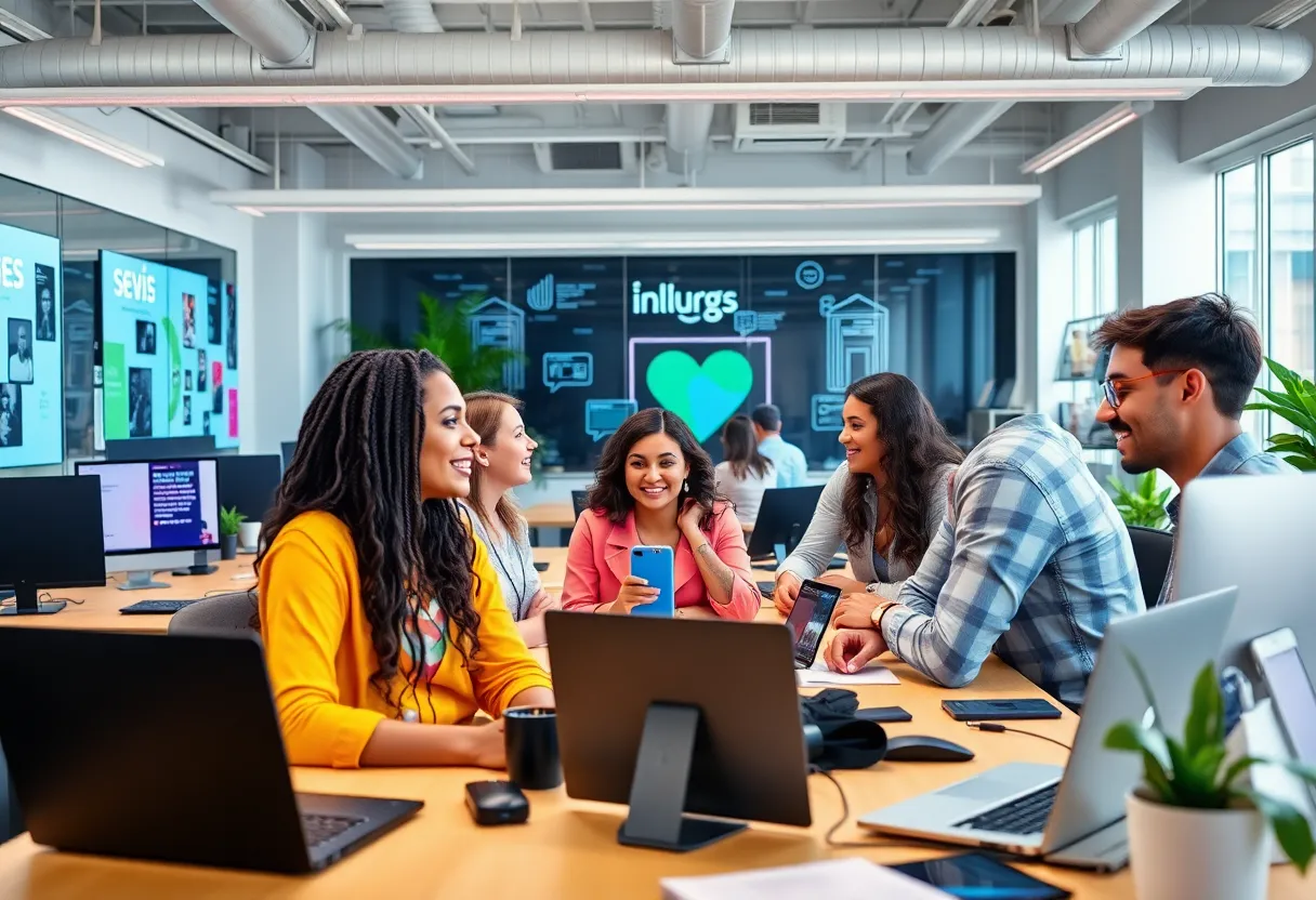 Diverse influencers engaged in marketing strategies at a modern workspace