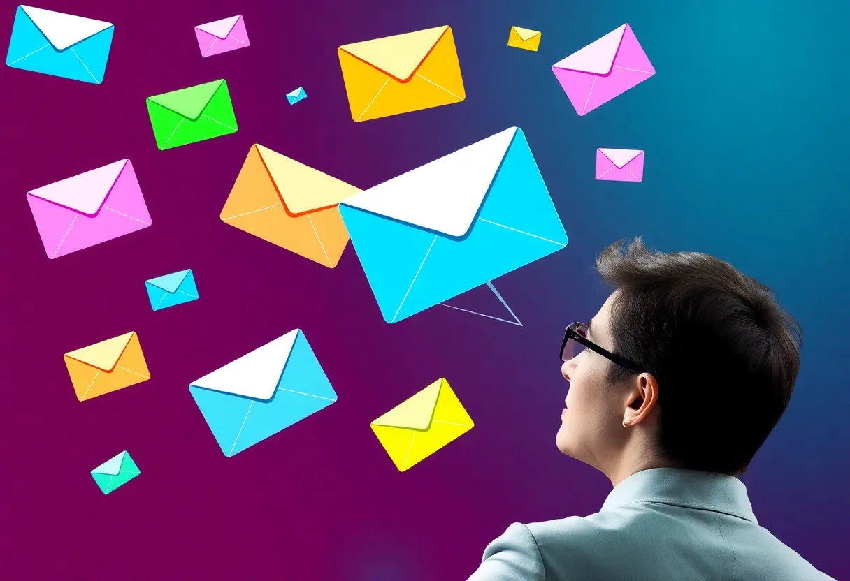 Illustration of email marketing engagement with flying email icons.