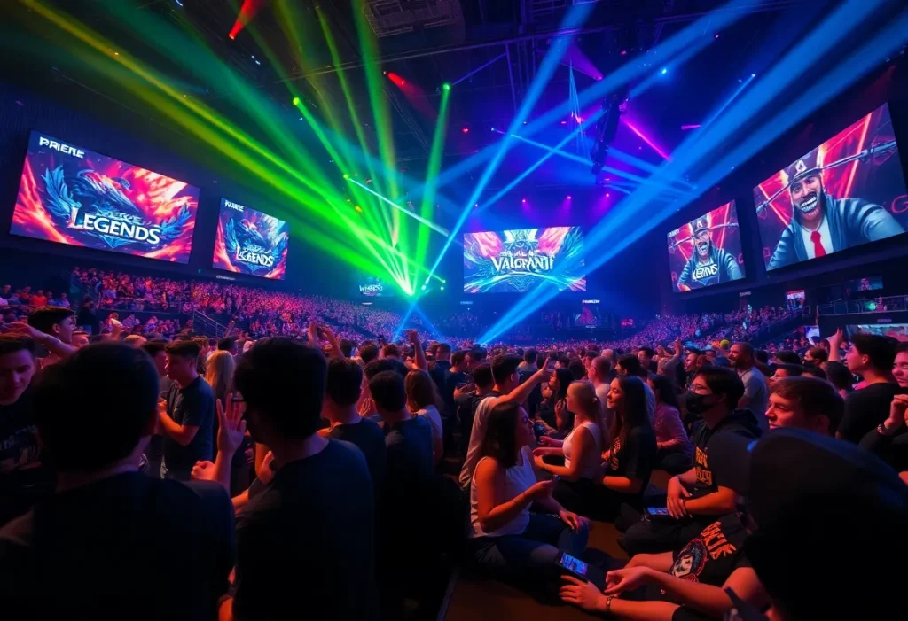 A lively esports competition with gamers playing and an engaged audience.