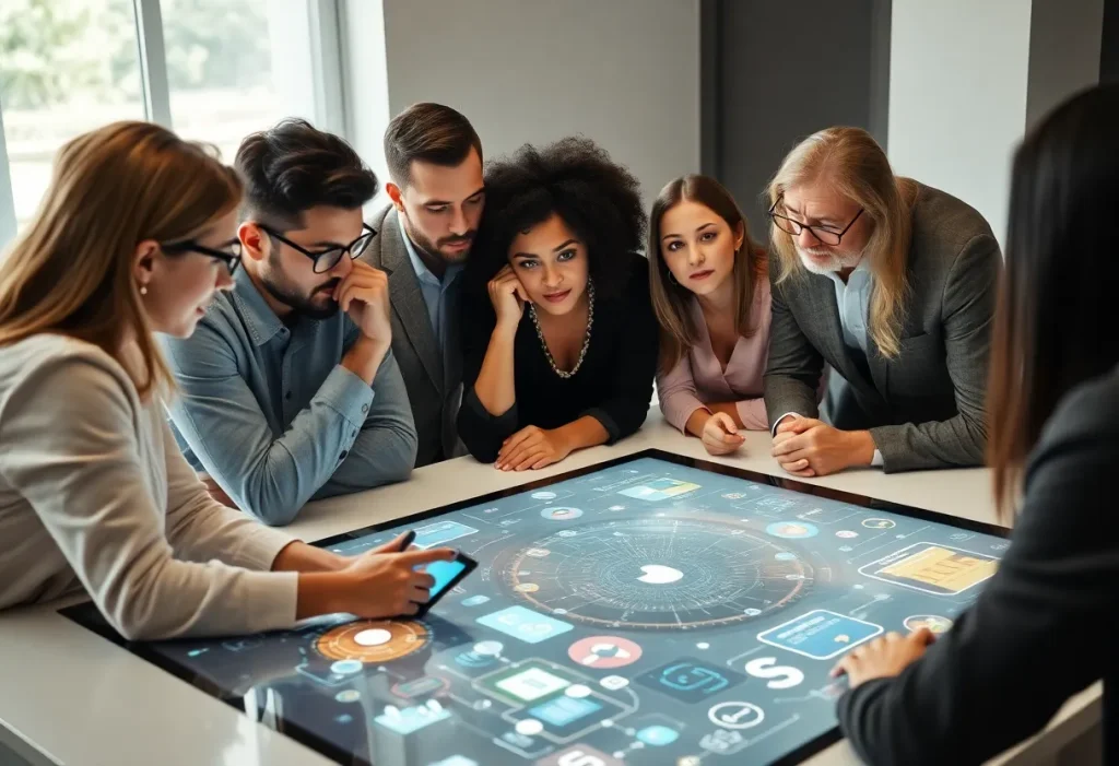 A diverse team discussing ethical standards in AI-driven marketing