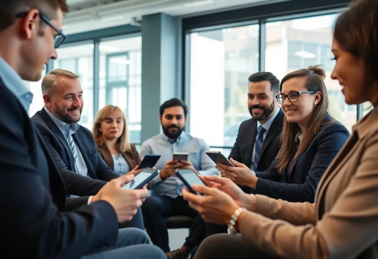 Diverse financial advisors interacting with clients via social media.