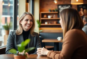 An introverted woman talking to someone at a coffee shop.