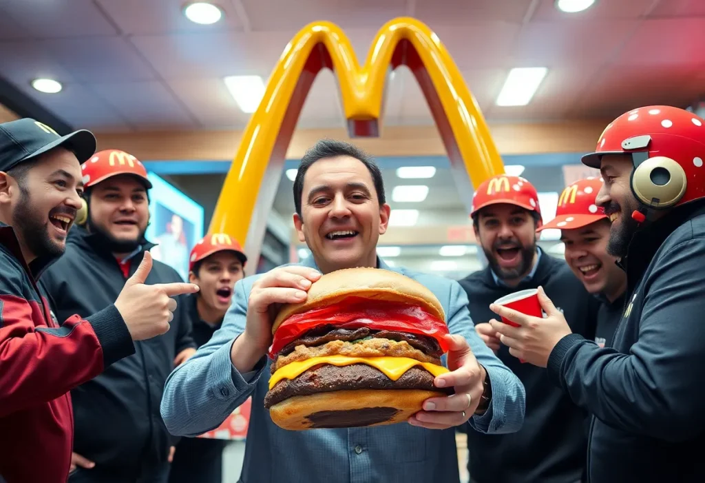 McDonald's CEO Chris Kempczinski tasting the Big Arch burger surrounded by competitors