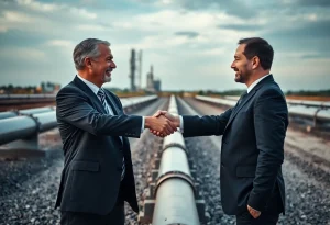 Business executives shaking hands over a gas marketing deal.