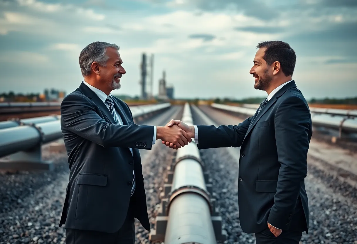 Business executives shaking hands over a gas marketing deal.