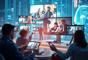 Futuristic scene of video marketing with diverse audiences engaging with videos