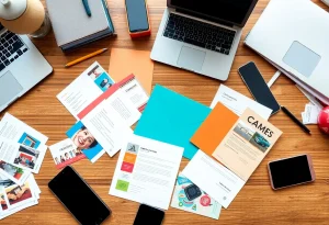 Creative direct mail marketing materials surrounded by digital devices.
