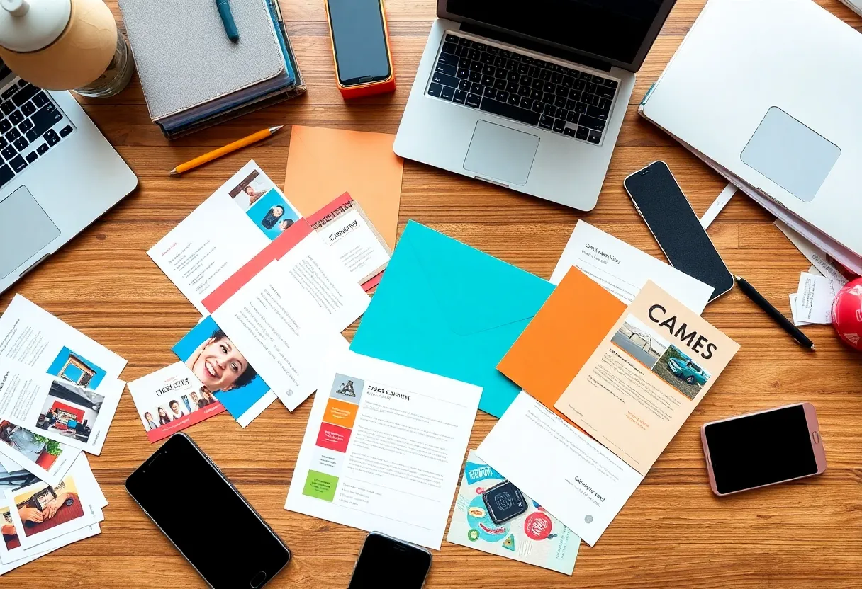 Creative direct mail marketing materials surrounded by digital devices.