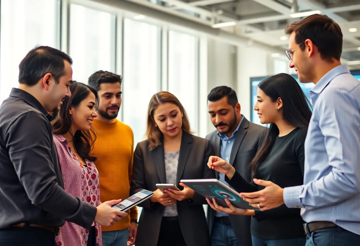 Marketing professionals collaborating with AI systems in a dynamic office environment