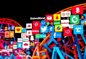 A vibrant collage of brand logos on a rollercoaster representing social media marketing challenges.
