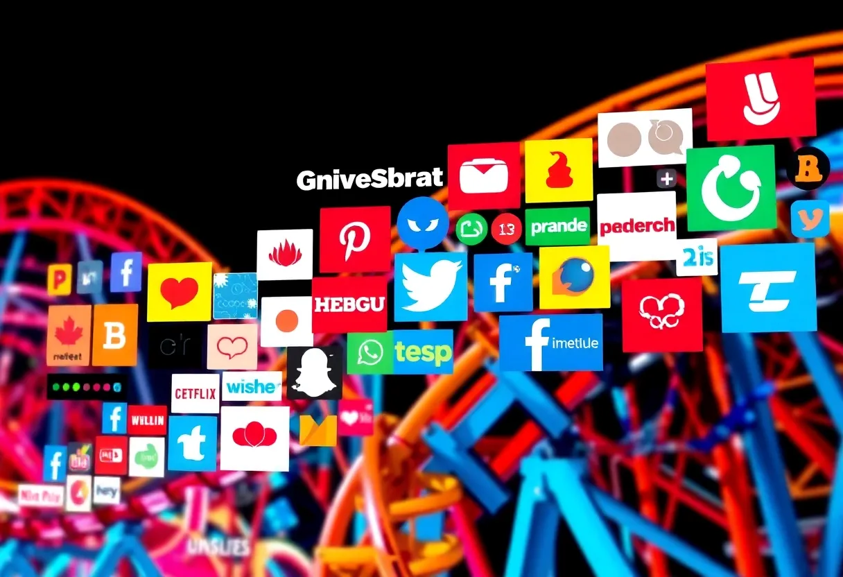 A vibrant collage of brand logos on a rollercoaster representing social media marketing challenges.