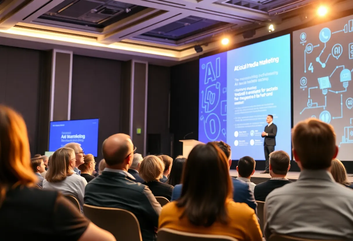 A speaker presenting AI tools for social media at a conference